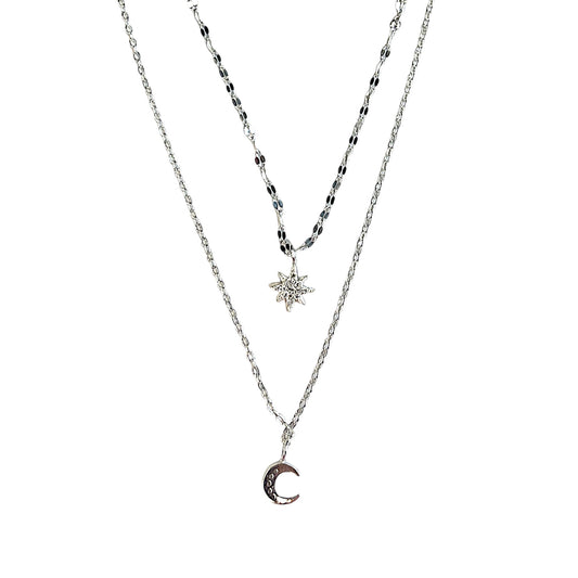 Durable 925 sterling silver necklace – double-layer design with sparkling star and moon pendants, high-quality silver jewelry, perfect as a timeless accessory or gift