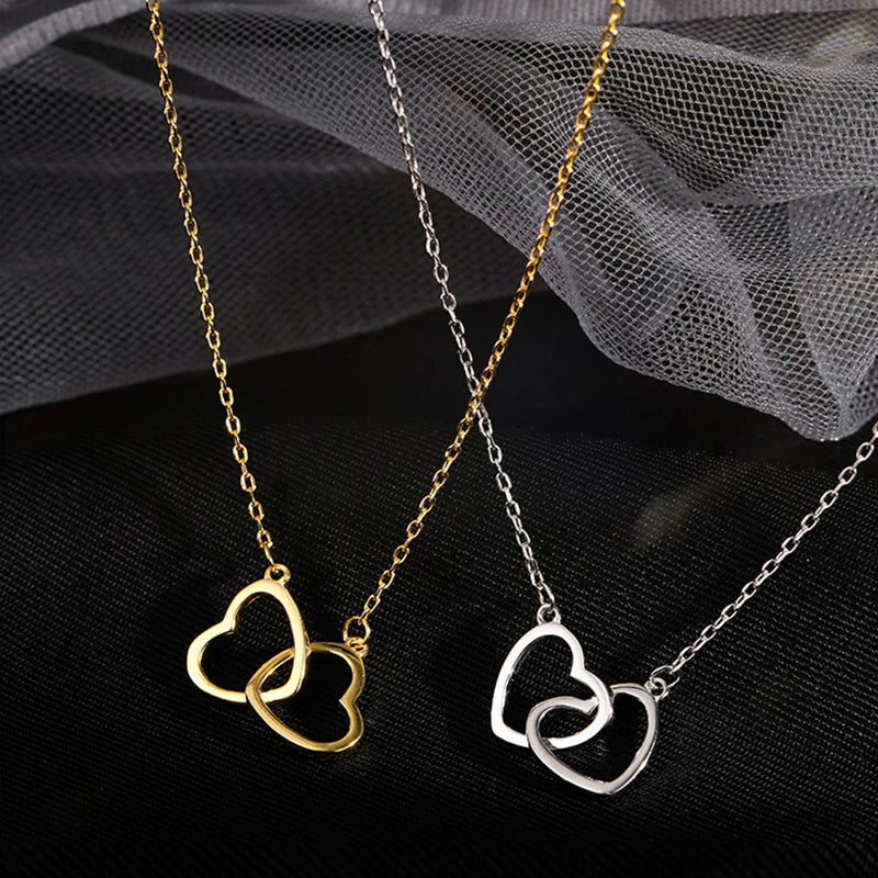 Waterproof double heart necklace for womenand girls, crafted from high-quality 925 sterling silver with a gold-plated finish, durable and perfect for everyday wear or as a romantic gift