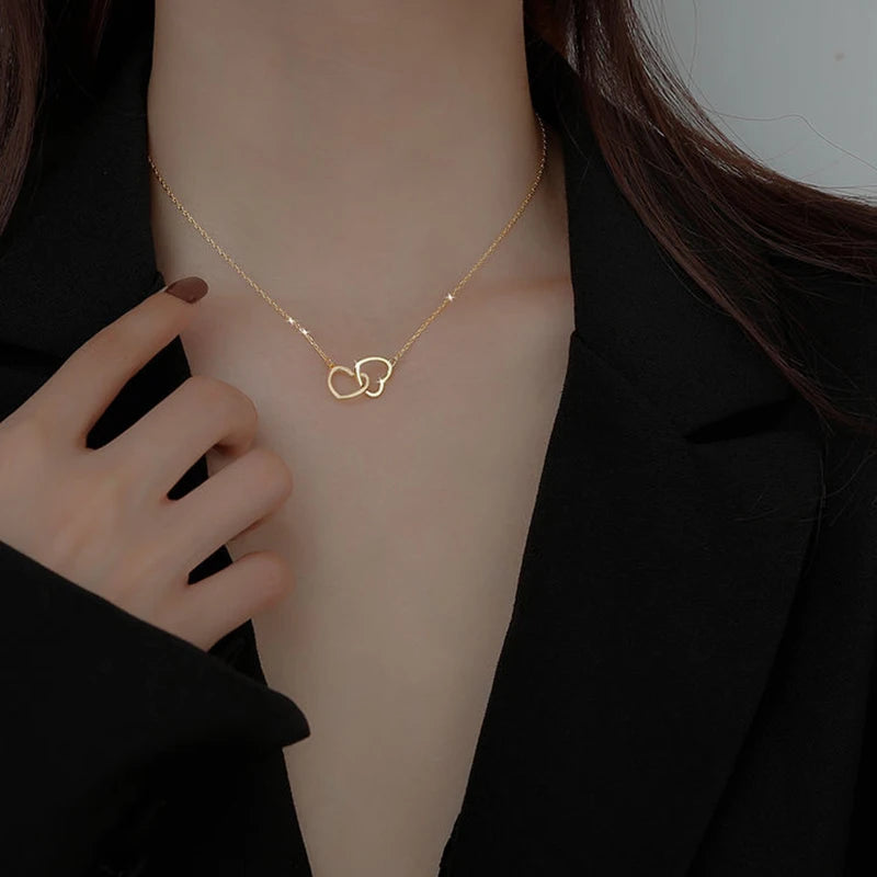 Shiny double heart necklace for women, crafted from high-quality 925 sterling silver with a gold-plated finish, waterproof and perfect for everyday wear or as a romantic gift