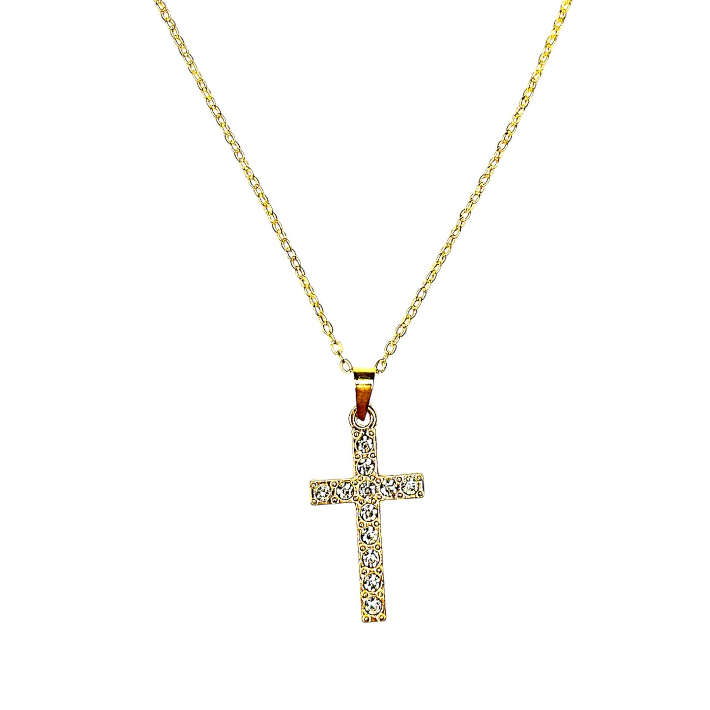 High-quality gold-plated stainless steel necklace with a cross pendant, designed with sparkling crystals. Perfect for presenting the faith.