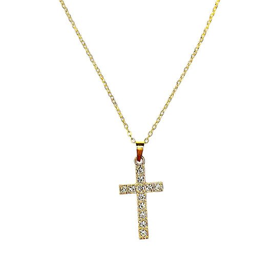 High-quality gold-plated stainless steel necklace with a cross pendant, designed with sparkling crystals. Perfect for presenting the faith.