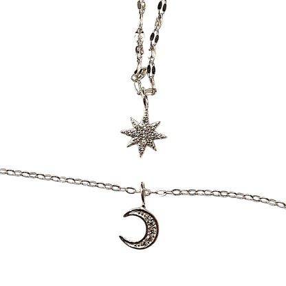 High-quality, durable 925 sterling silver necklace – double-layer design with sparkling star and moon pendants, perfect as a timeless accessory for special events or a gift for her.