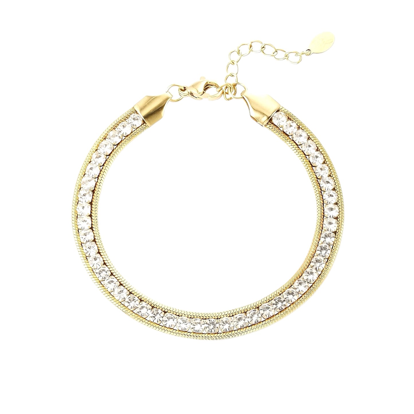 Waterproof gold-plated stainless steel bracelet with shiny crystals, elegant tennis bracelet for women, water-resisdent and high-quality design, excellent for everyday wear and special events.