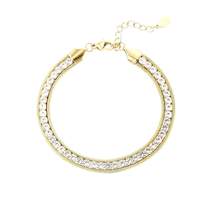 Waterproof gold-plated stainless steel bracelet with shiny crystals, elegant tennis bracelet for women, water-resisdent and high-quality design, excellent for everyday wear and special events.